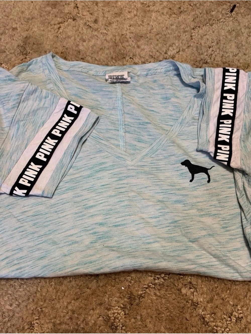 PINK Victoria's Secret Light Blue Heather Tee with Black Logo and White Trim